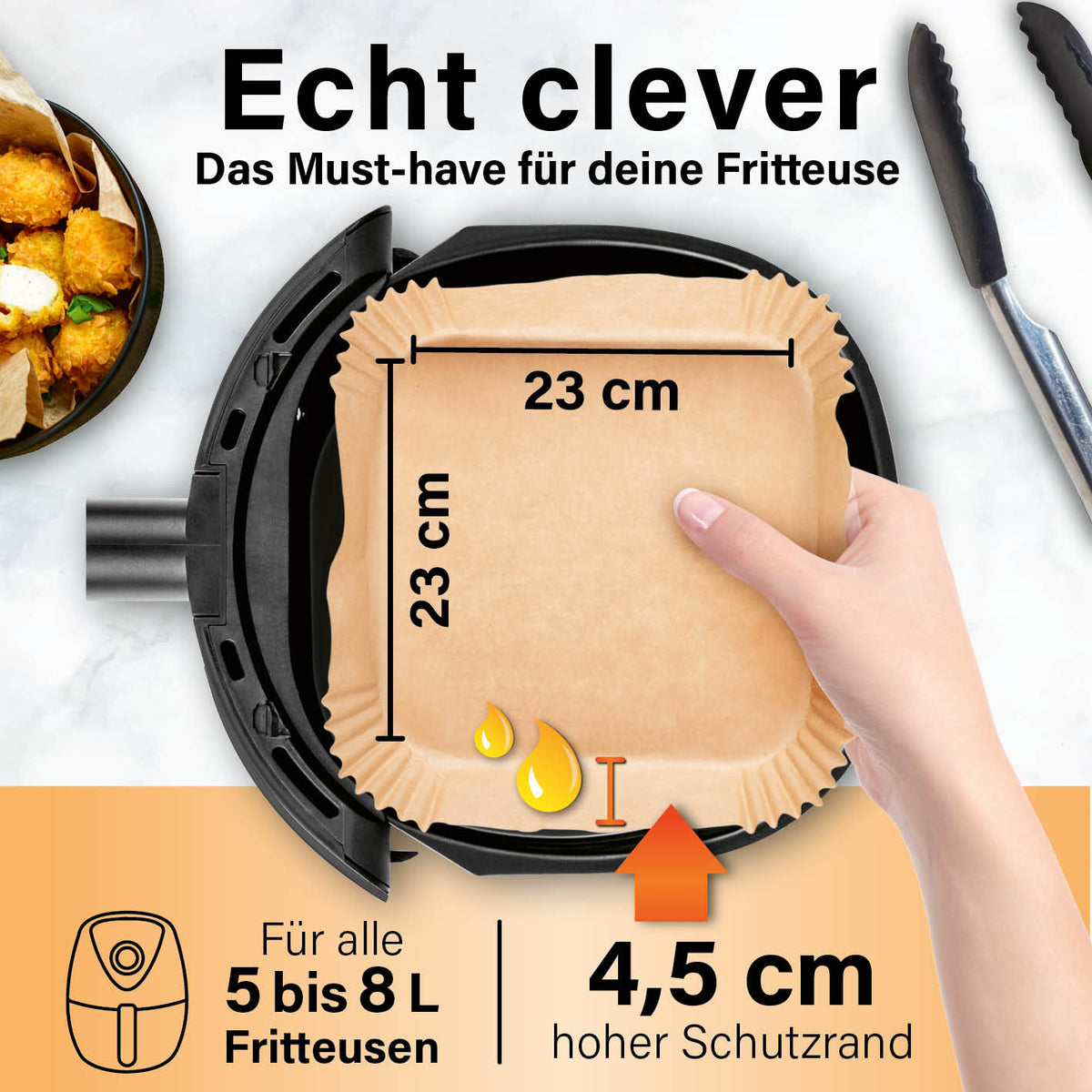 Backpapier-Schalen für Heißluft-Fritteusen - 200er-Set - 23 x 23 x 4,5 cm Messdiagramm mit 23 x 23 cm und 4,5 cm Schutzrand