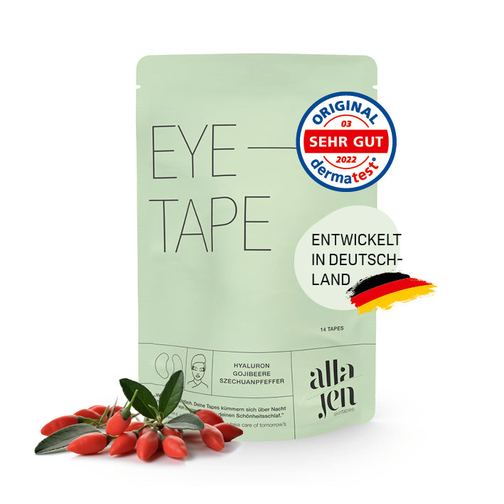 Hyaluron-Skintape "Eye Tape" von alla/jen gegen Krähenfüße, entwickelt in Deutschland, mit Hyaluron, Gojibeere und Szechuanpfeffer.