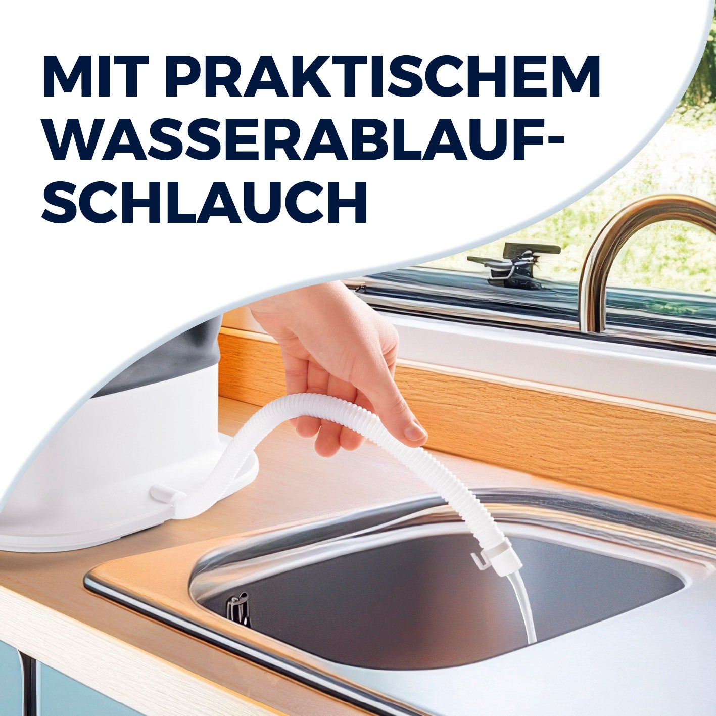 Faltbare Mini-Waschmaschine mit praktischem Wasserablaufschlauch für einfaches Entleeren und platzsparendes, mobiles Waschen unterwegs.