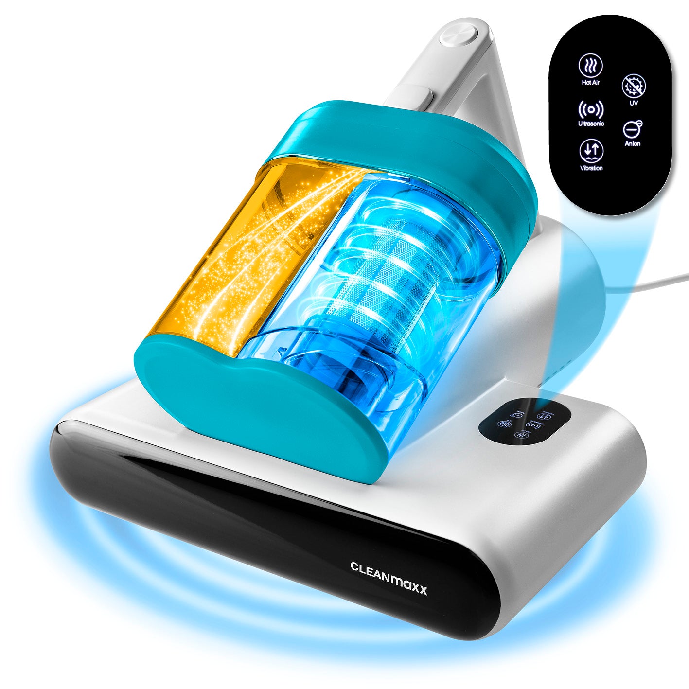 Milbensauger Rotation - blau/weiß mit UV-C-Licht, Wärme-, Ultraschallfunktion und 3-Stufen-Zyklon-Filter für Allergiker.