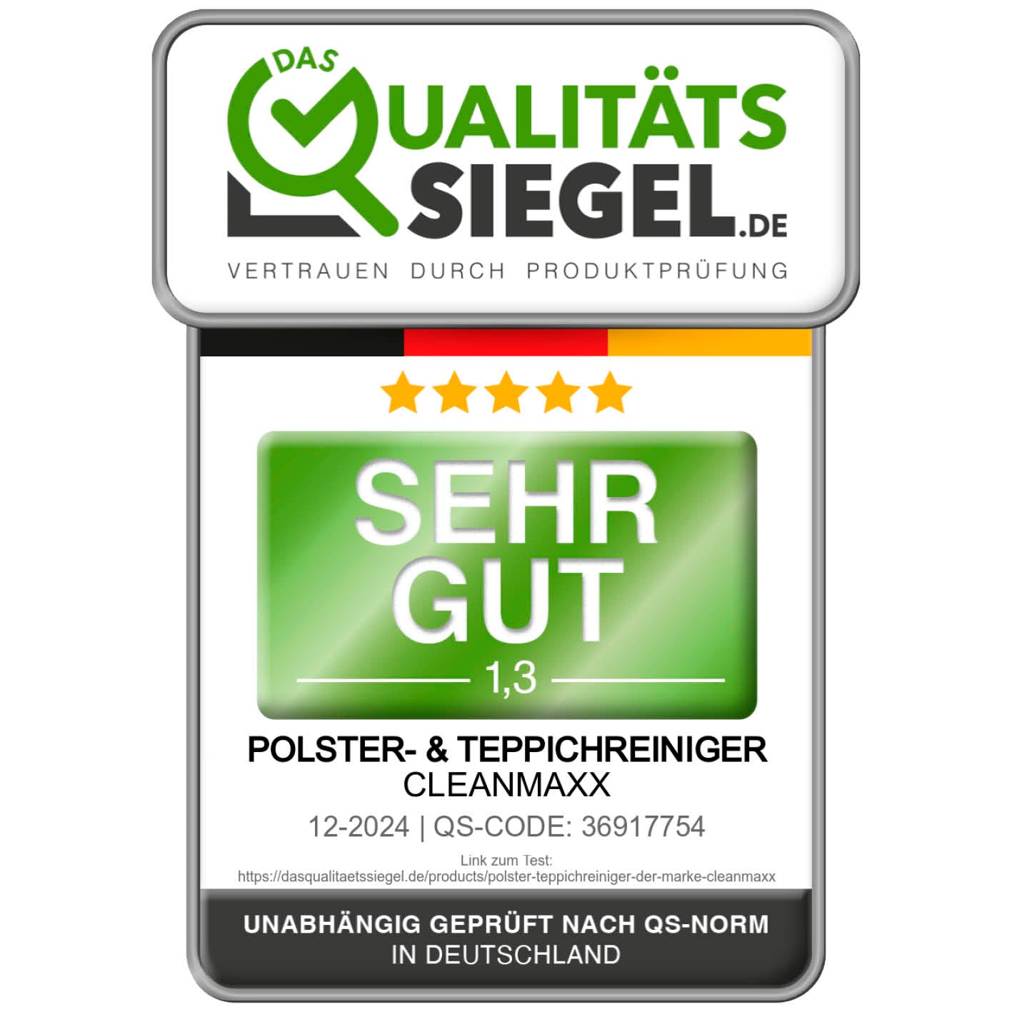 Polster- & Teppichreiniger Pro Steam mit Sehr Gut 1,3 Bewertung, geprüft nach QS-Norm in Deutschland, Reinigungsgarantie.