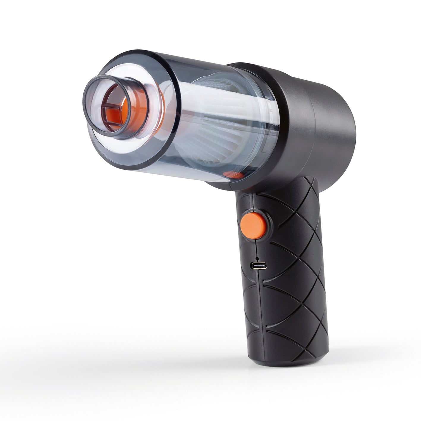 2in1-Akkusauger mit Saug- und Gebläsefunktion in kompaktem Design, transparentem Staubbehälter und ergonomischem Griff mit Bedienknopf.