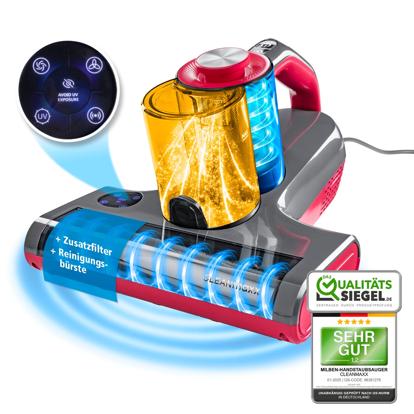 Milbensauger Rotation Power mit UV-C-Licht, 3-Stufen-Zyklonfiltersystem und Reinigungsbürste für effektive Milbenentfernung.