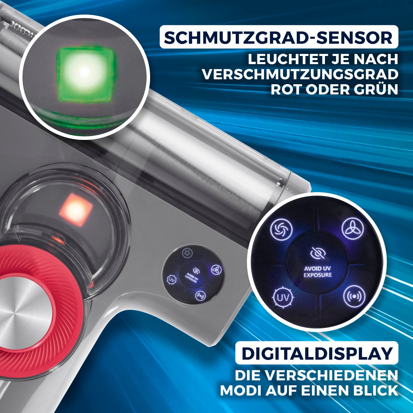 Milbensauger Rotation Power mit Schmutzgrad-Sensor und Digitaldisplay zur effektiven Milbenentfernung und Oberflächendesinfektion.