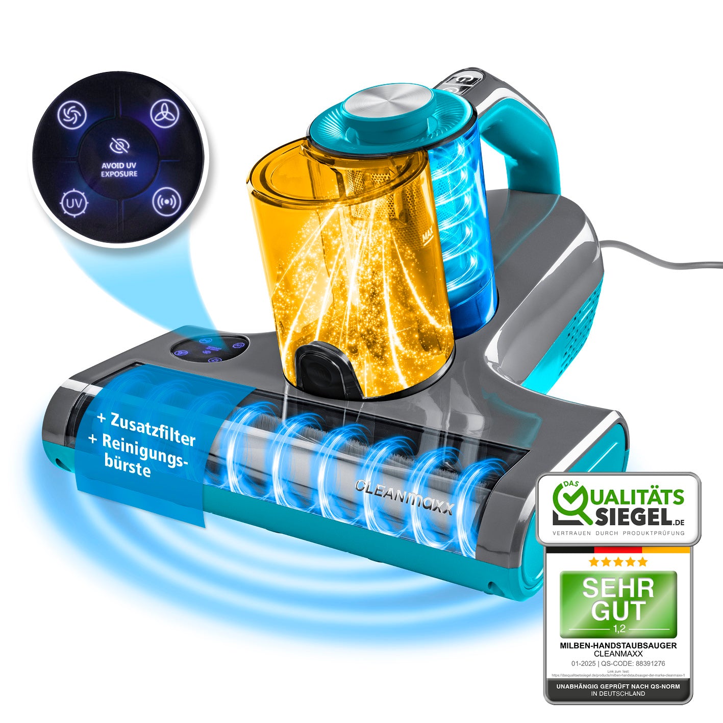 Milbensauger Rotation Power mit UV-C-Licht, 3-Stufen-Filtersystem und Ultraschallfunktion für gründliche Milbenentfernung.