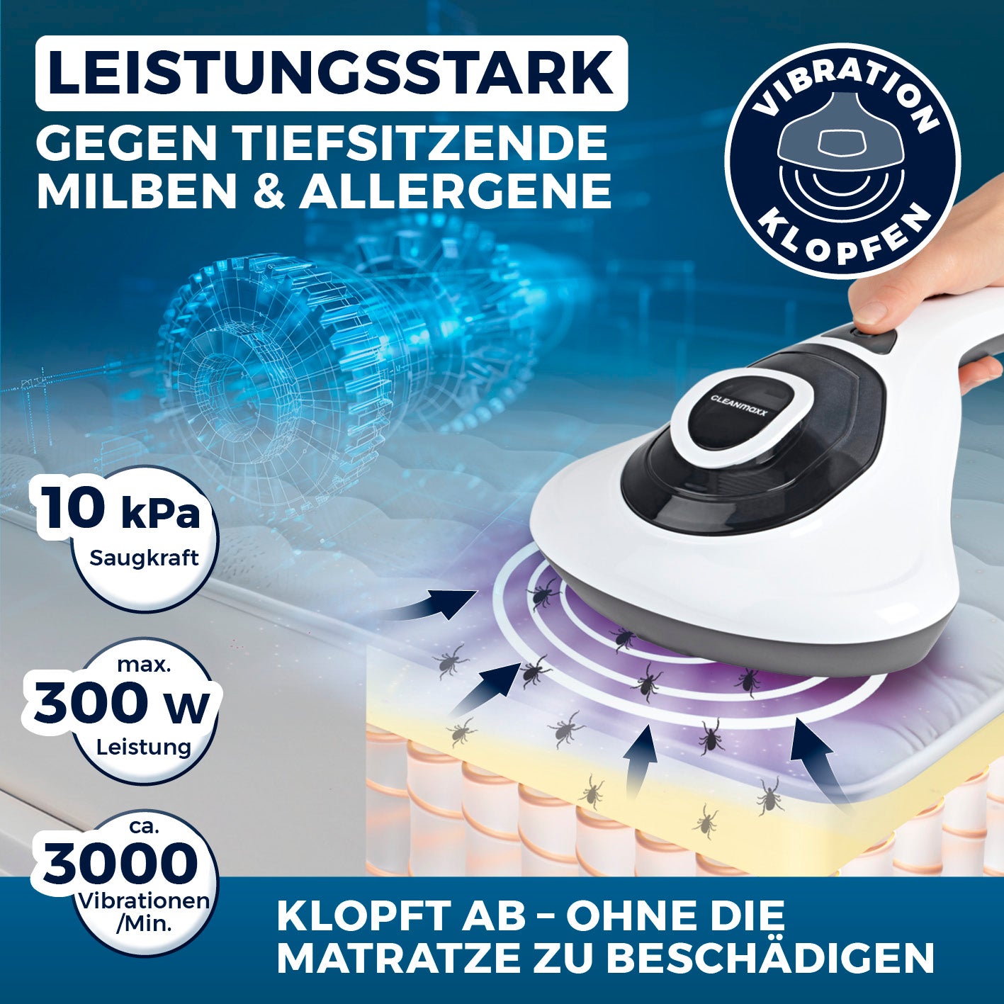 Milbensauger Vibration entfernt tiefsitzende Milben & Allergene mit 3000 Vibrationen/min und 10 kPa Saugleistung schonend von Matratzen.