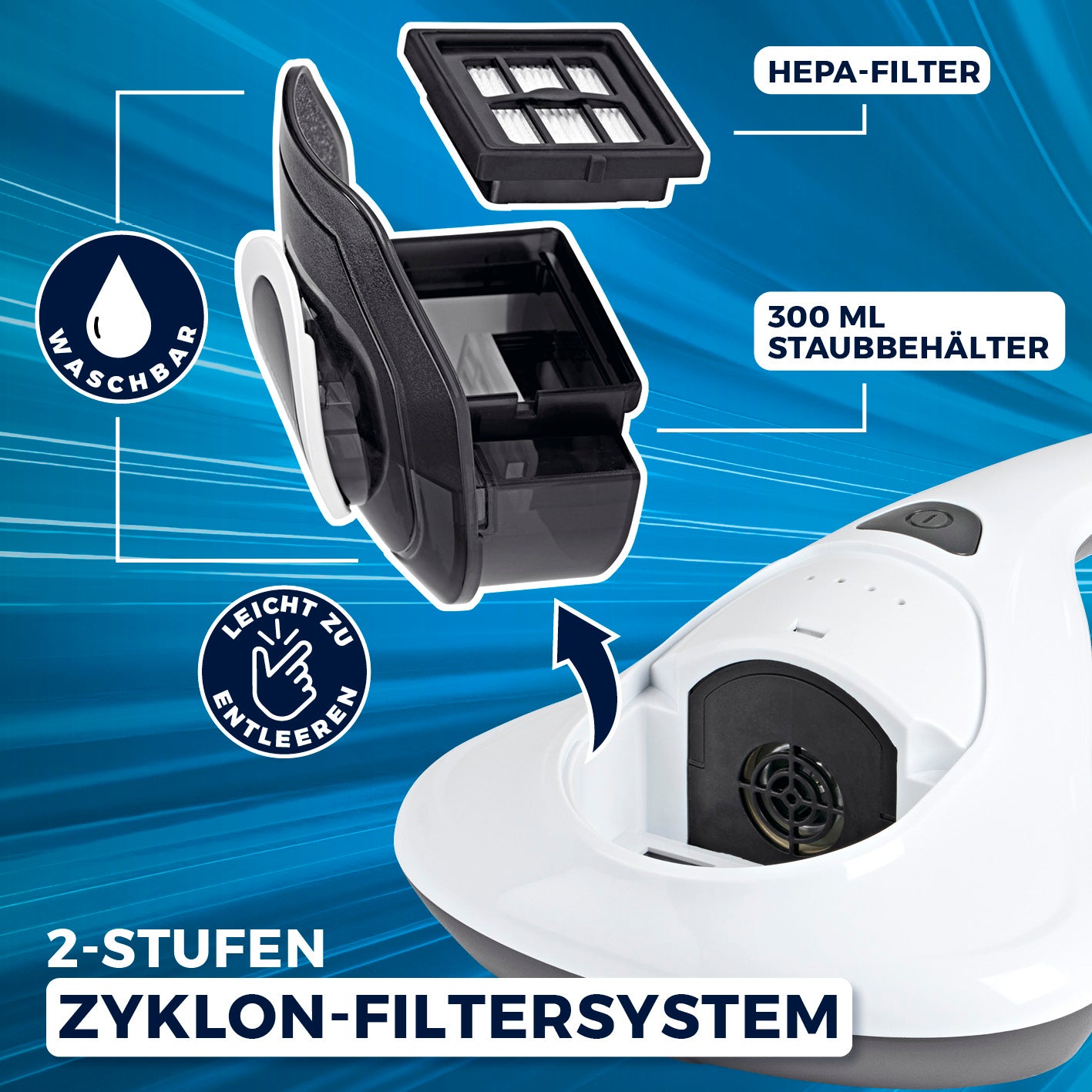 Milbensauger Vibration mit 2-Stufen Zyklon-Filtersystem, waschbarem HEPA-Filter und 300 ml Staubbehälter, leicht zu entleeren.