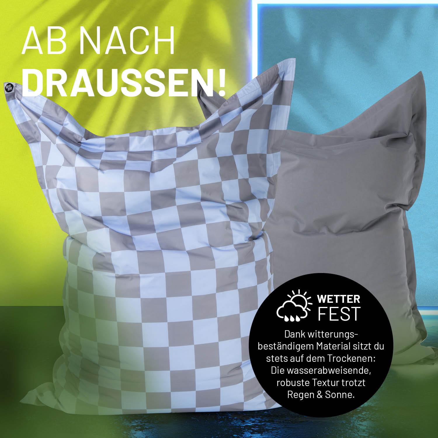 XXL-Sitzsack Karo - Blau/Grau mit wendbarem Design, robustem, wetterfestem Bezug und großem Volumen für drinnen und draußen.