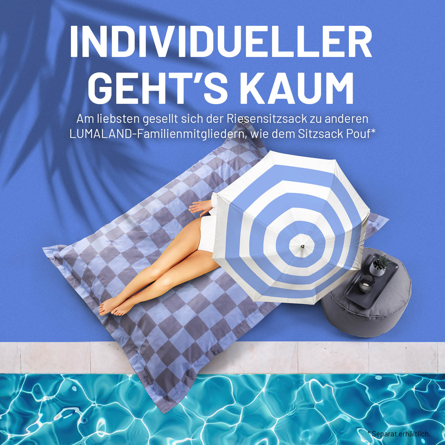XXL-Sitzsack Karo - Blau/Grau mit großem Volumen und Karomuster, ideal zum Entspannen drinnen und draußen am Pool.
