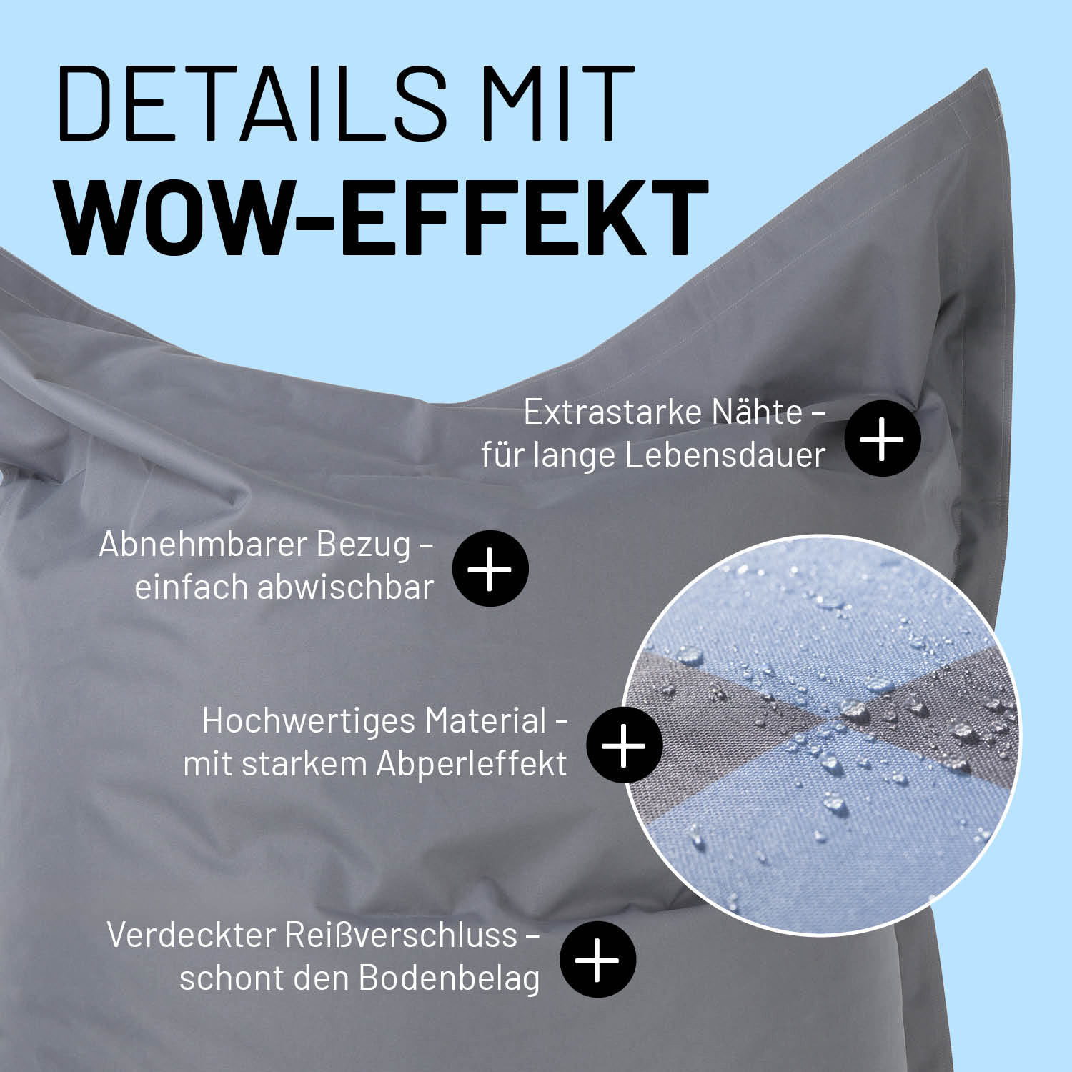 XXL-Sitzsack Karo - Blau/Grau mit abnehmbarem Bezug, wasserabweisend, verdecktem Reißverschluss und extra starken Nähten für langanhaltende Nutzung.