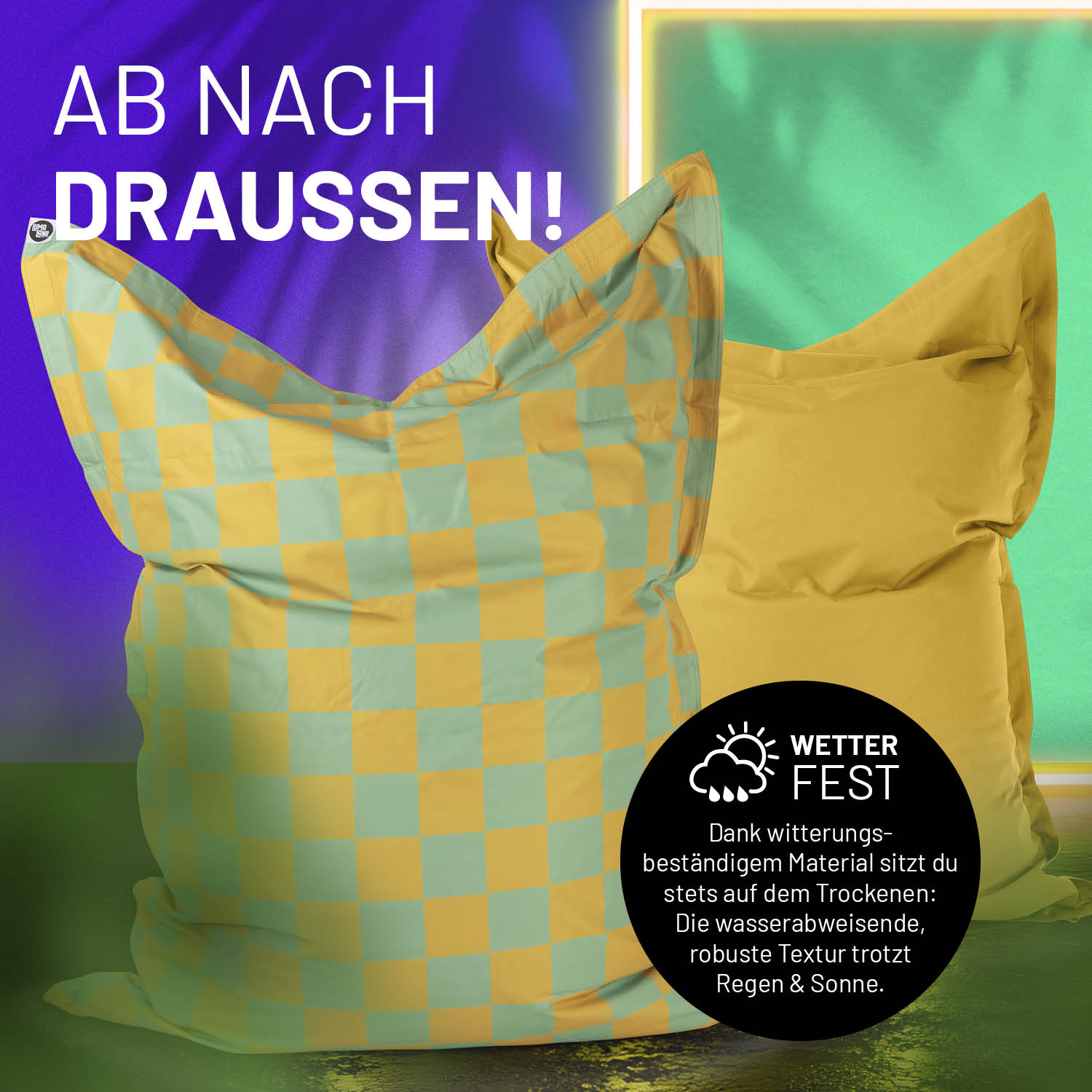 XXL-Sitzsack Karo - Pastellgrün/Senfgelb mit wetterfestem, abwischbarem Bezug und trendigem Wendekaro-Design für drinnen und draußen.
