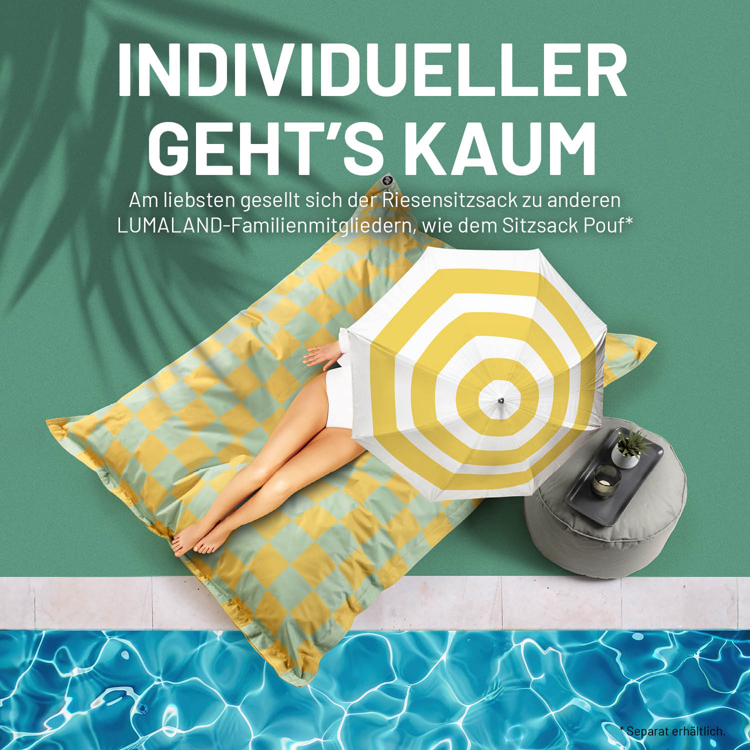 XXL-Sitzsack Karo - Pastellgrün/Senfgelb mit trendigem Karomuster, gemütlich am Pool liegend, wetterfest und vielseitig nutzbar.