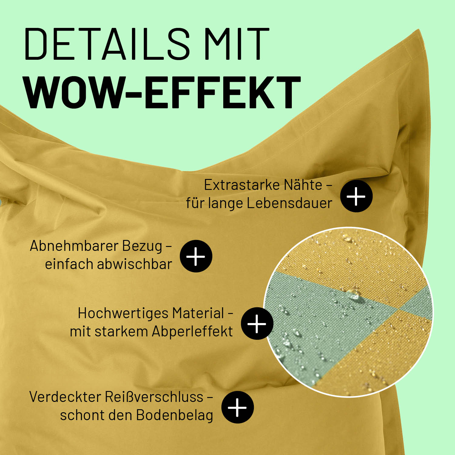 XXL-Sitzsack Karo - Pastellgrün/Senfgelb mit abnehmbar abwischbarem Bezug und extra starken Nähten für langanhaltende Nutzung.