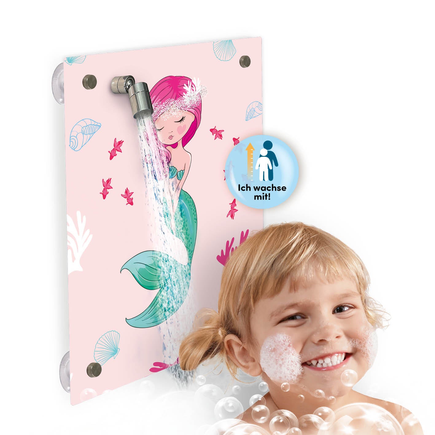 Kinderdusche Meerjungfrau mit farbenfrohem Motiv, einfache Montage ohne Bohren, fördert selbstständiges Duschen bei Kindern.