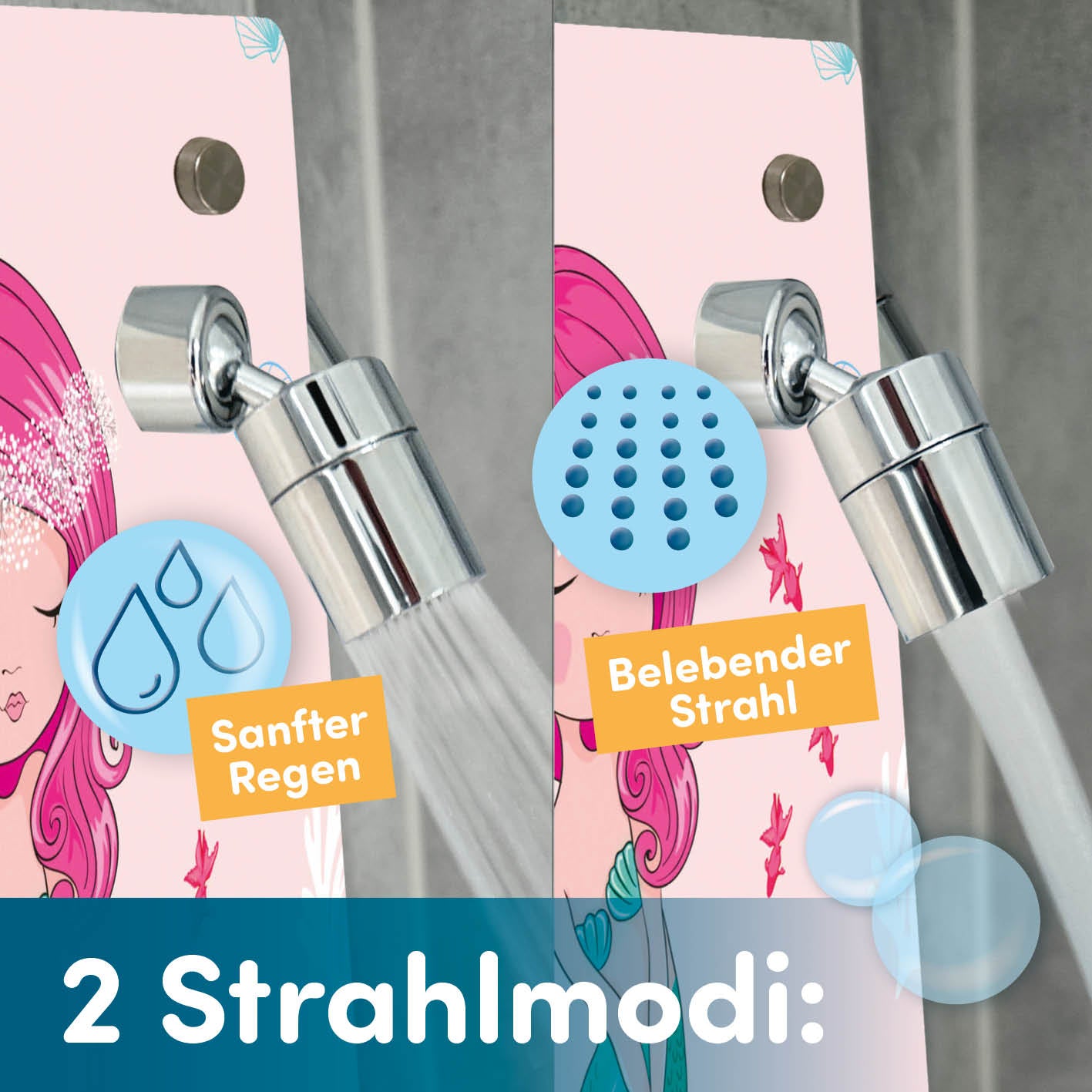 Kinderdusche Meerjungfrau mit 2 Wasserstrahlmodi, kinderfreundlich, einfache Montage ohne Bohren, spielerisch duschen lernen und selbstständig werden.