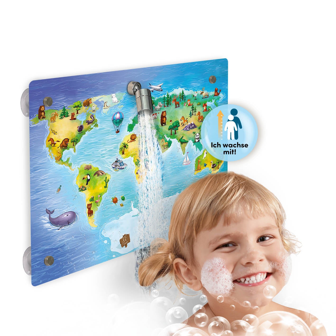 Kinderdusche Welt zeigt eine bunte Weltkarte mit Dusche für spielerisches Duschen und selbstständige Kinderpflege.