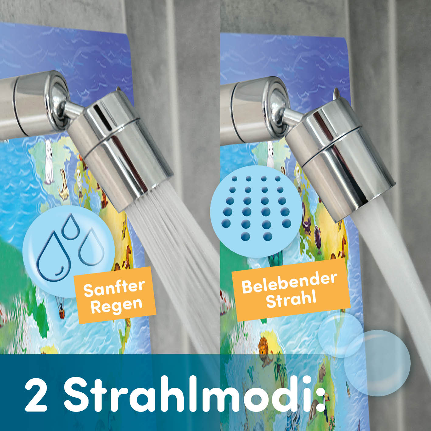 Kinderdusche Welt mit 2 Strahlmodi für sanften Regen und belebenden Strahl, spielerisch duschen lernen für Kinder.