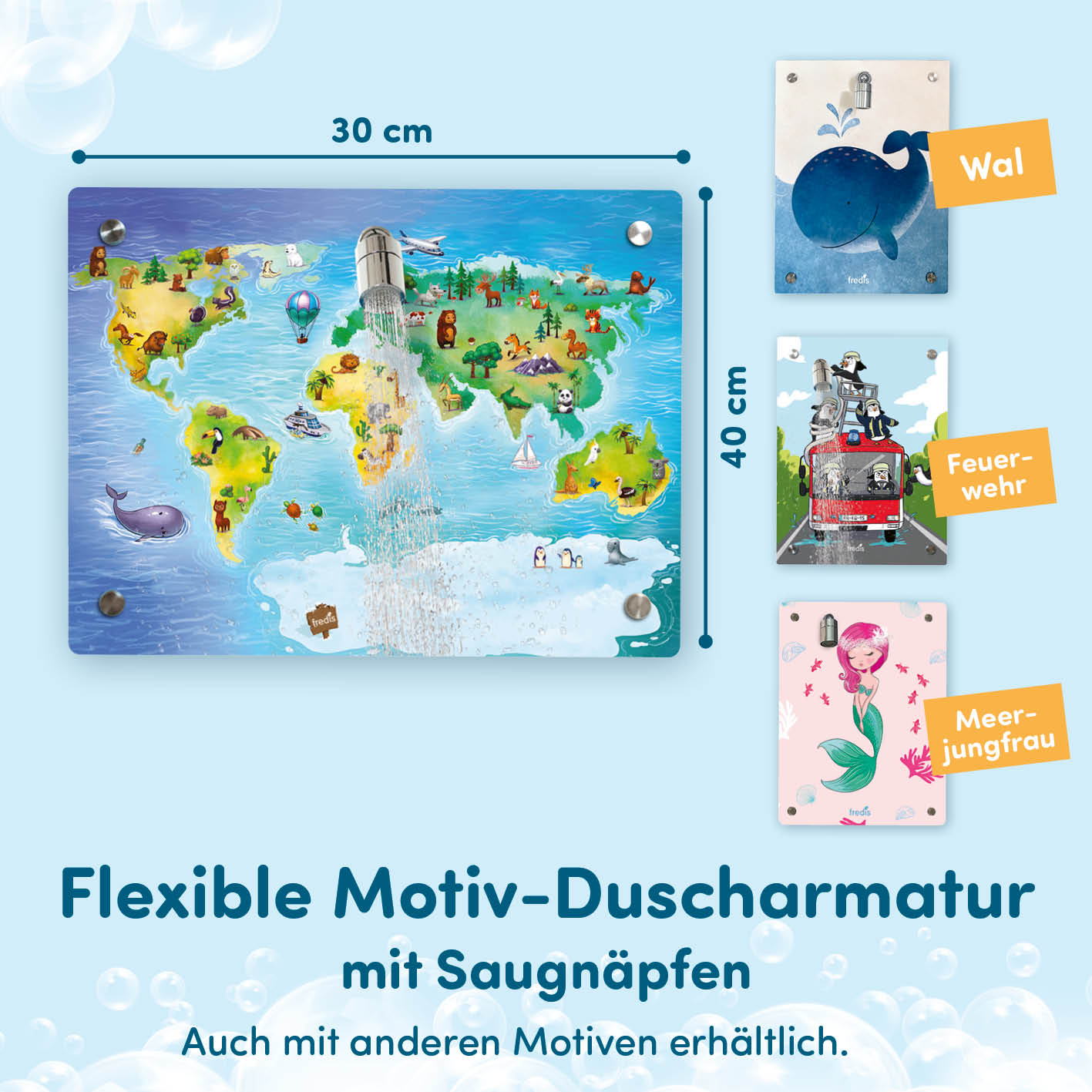 Kinderdusche Welt mit bunten Motiven, flexibler Motiv-Duscharmatur und Saugnäpfen für einfaches Anbringen und spielerisches Duschen.