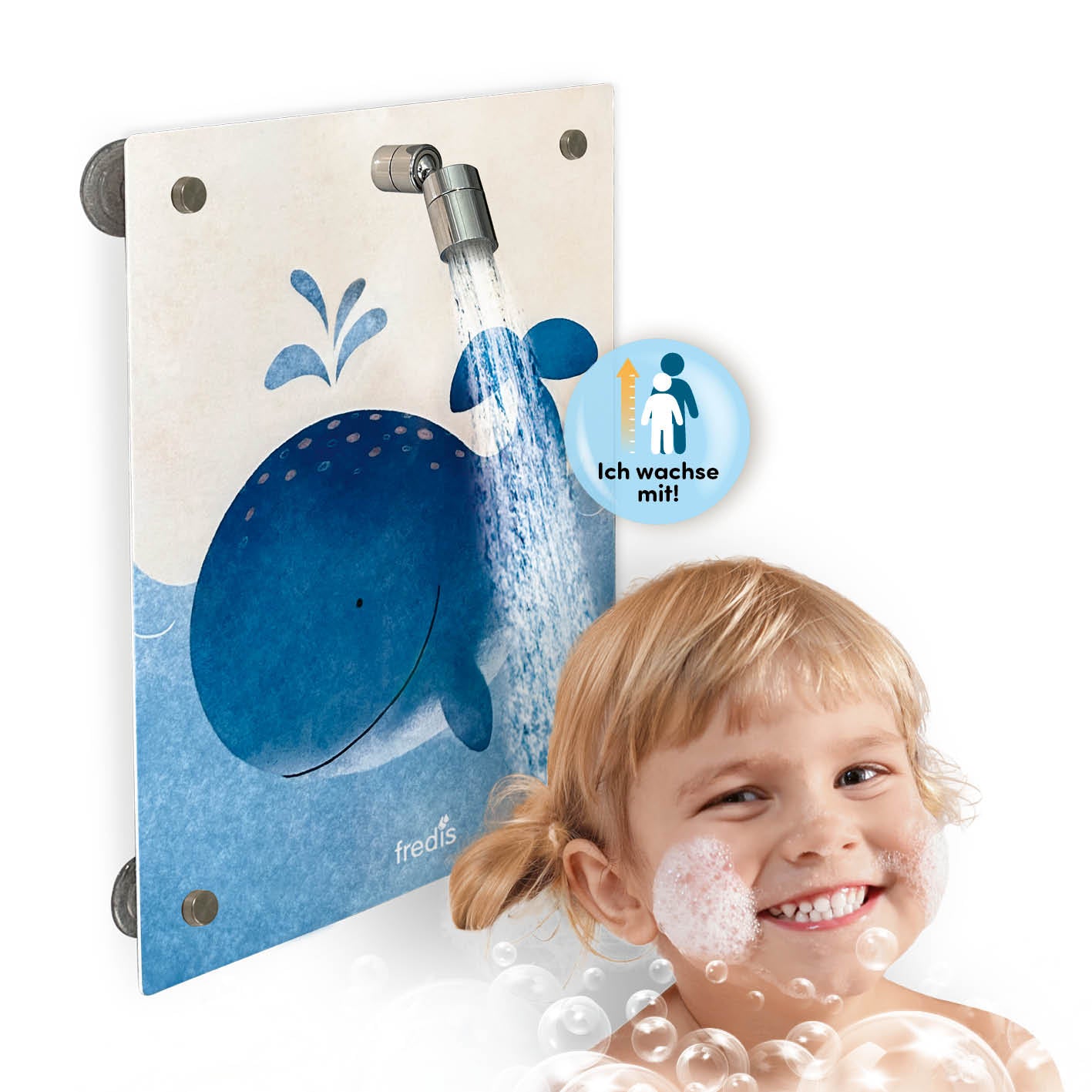 Kinderdusche Wal mit kinderfreundlicher Wal-Motivplatte, einfach montierbar, höhenverstellbar und ideal für selbstständiges Duschen.