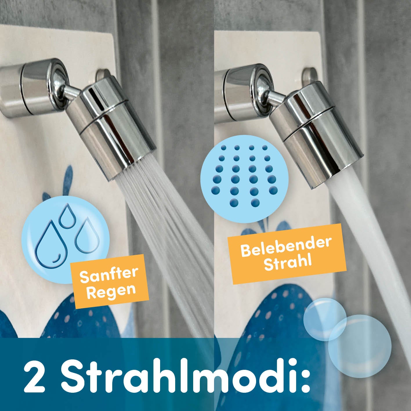 Kinderdusche Wal mit zwei Strahlmodi, sanfter Regen und belebender Strahl für kinderfreundliches Duschen.
