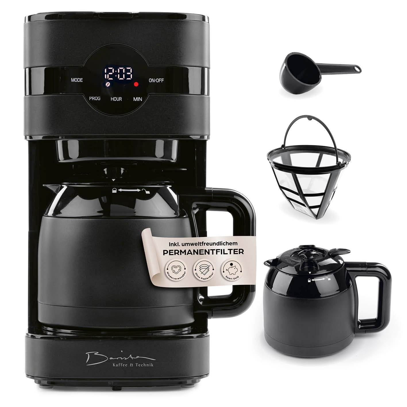 Filterkaffeemaschine Touch Iso - Schwarz mit Timer, LED-Touchdisplay, doppelwandiger Isolierkanne und permanentem Filter.