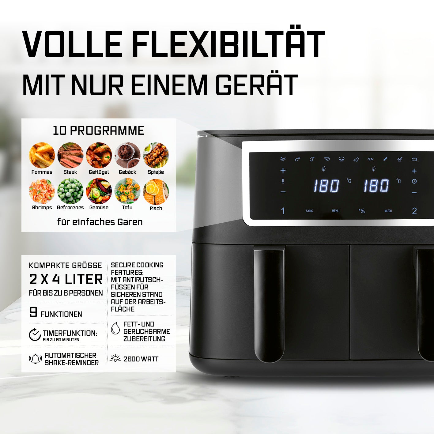Doppelkammer-Heißluftfritteuse - 2x 4 l