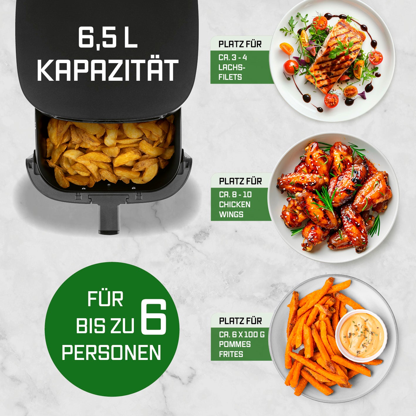 Heißluftfritteuse - 6,5 l mit großer Kapazität für bis zu 6 Personen, ideal für Pommes, Chicken Wings und Lachsfilets.