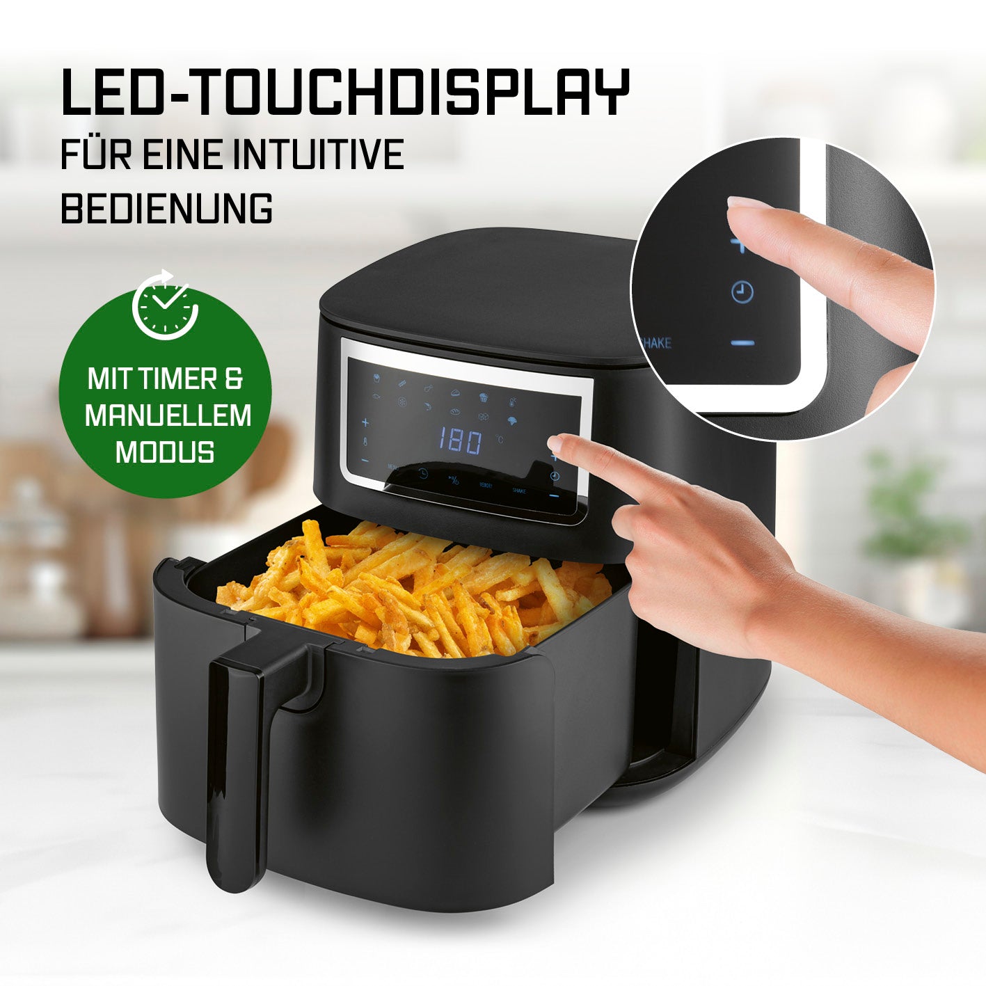 Heißluftfritteuse - 6,5 l mit LED-Touchdisplay, Timer und manuellem Modus für fettarmes, knuspriges Frittieren und einfache Bedienung.