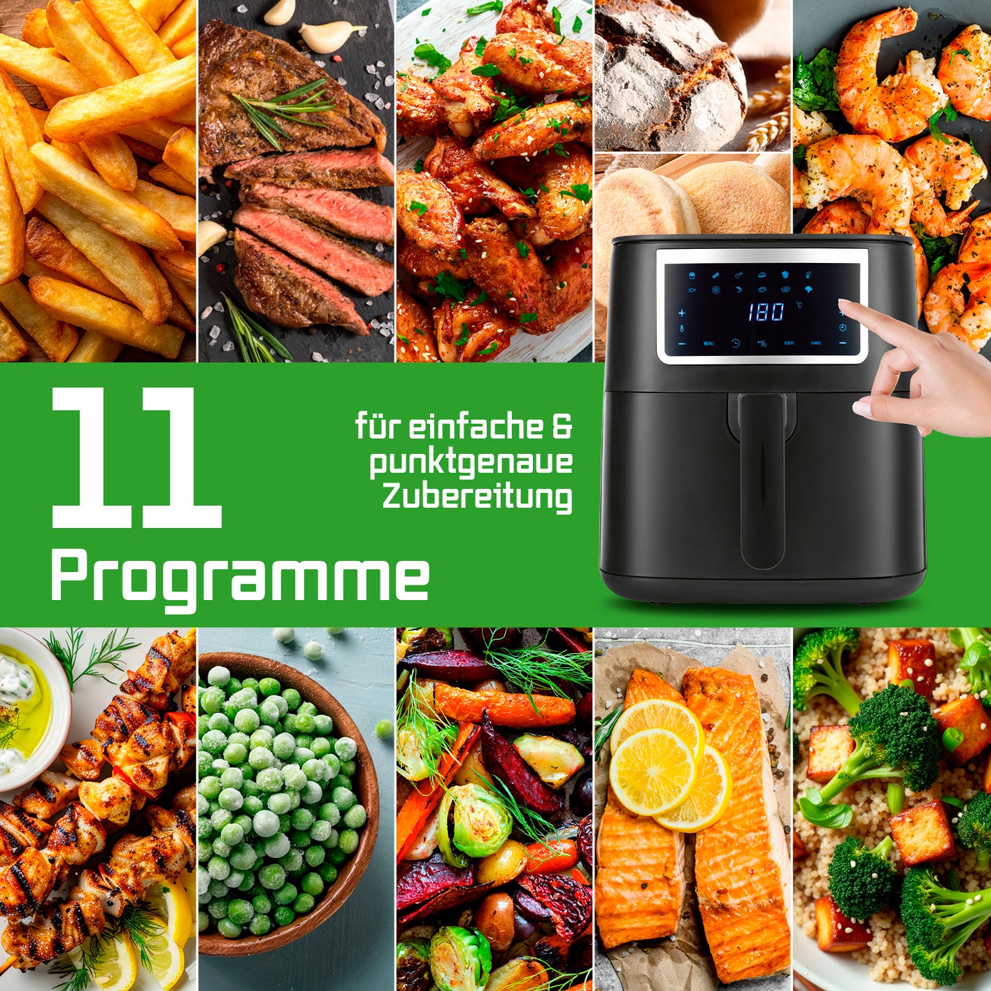Heißluftfritteuse - 6,5 l mit 11 Programmen für fettarmes, punktgenaues Frittieren und vielseitige Zubereitung bei 200 Grad.