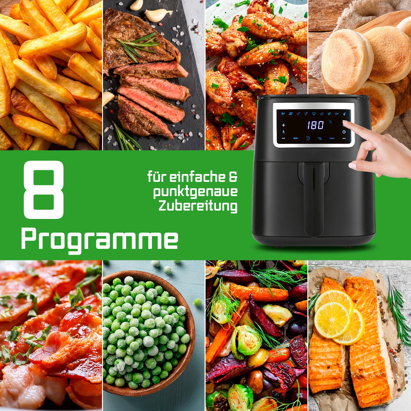 Heißluftfritteuse - 4 l mit 8 Programmen und Touchscreen für fettarmes Frittieren von Pommes, Steak, Gemüse und mehr.