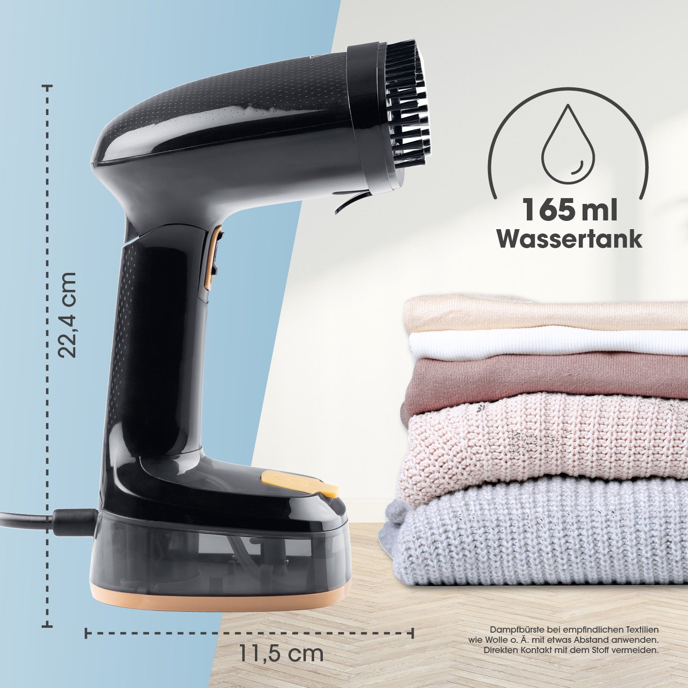 Dampfbürste mit 165 ml Wassertank, kompakt, faltbar, ideal zum Auffrischen und Glätten von Kleidung verschiedener Materialien.
