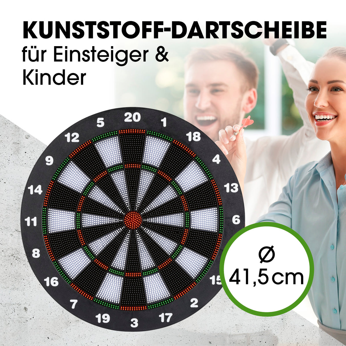 Dartscheibe mit 6 Sicherheitspfeilen aus Kunststoff für Einsteiger und Kinder mit 41,5 cm Durchmesser