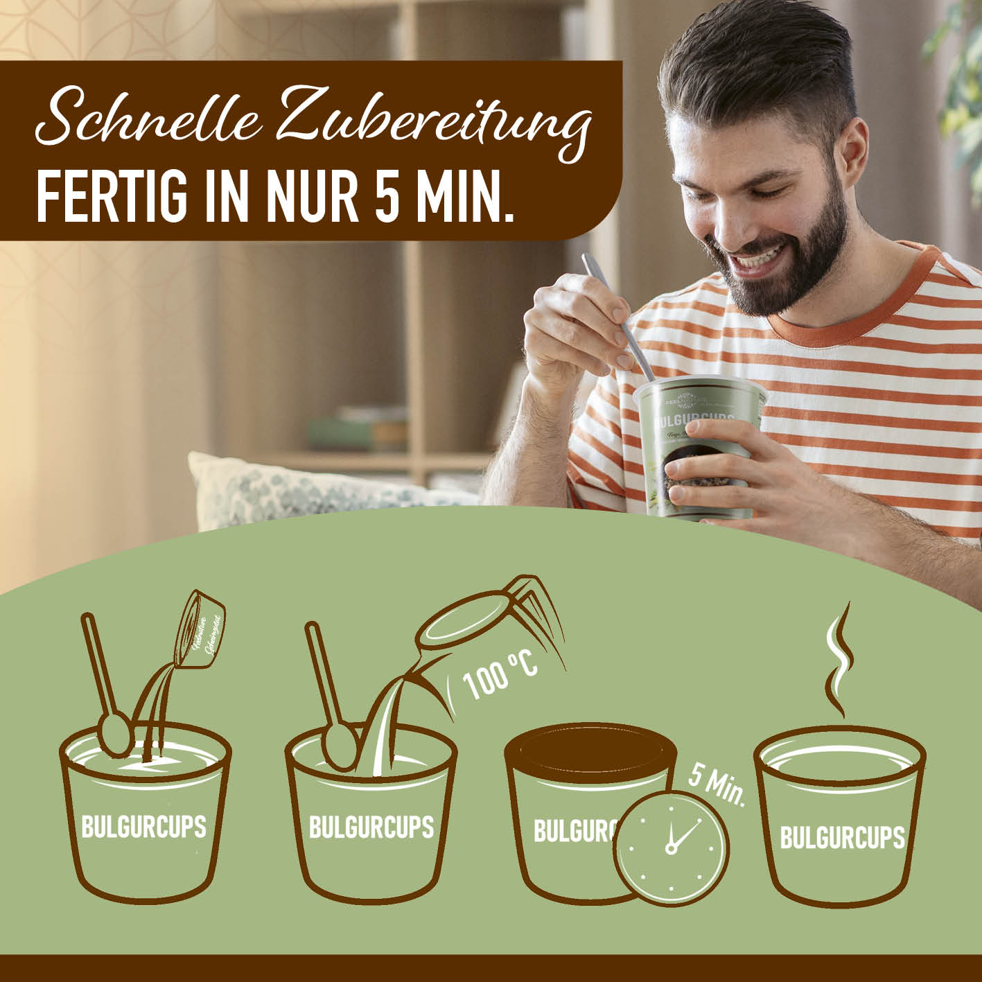 Bulgurcups - 6x Subtropical mit Feige, Rosine & Apfel, schnelle Zubereitung in 5 Min, vegan und nussig, ohne Palmöl.