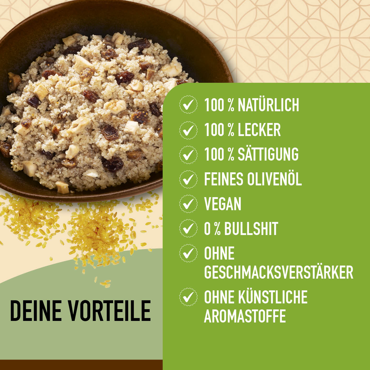 Bulgurcups - 6x Subtropical mit Feige, Rosine & Apfel, vegan, natürlich, ohne Geschmacksverstärker und künstliche Aromastoffe.