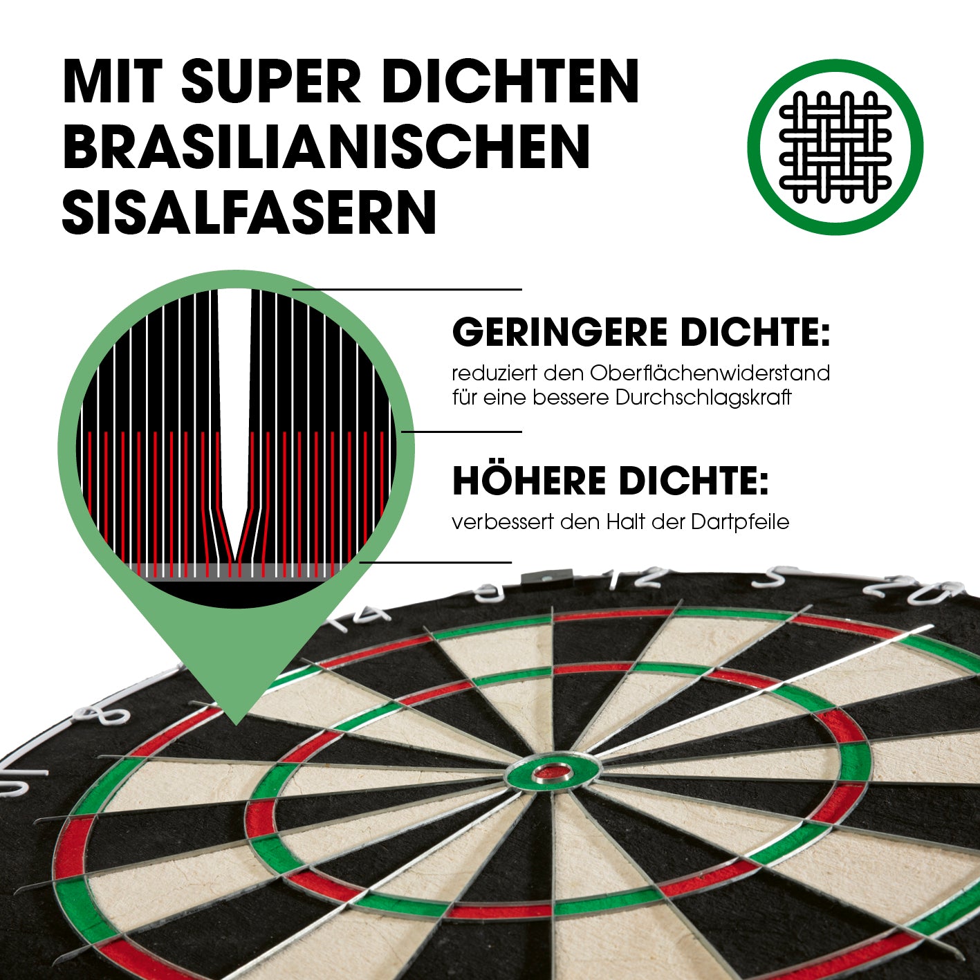 Sisal-Dartscheibe mit brasilianischen Sisalfasern für besseren Halt, weniger Löcher und verbessertes Spielerlebnis.