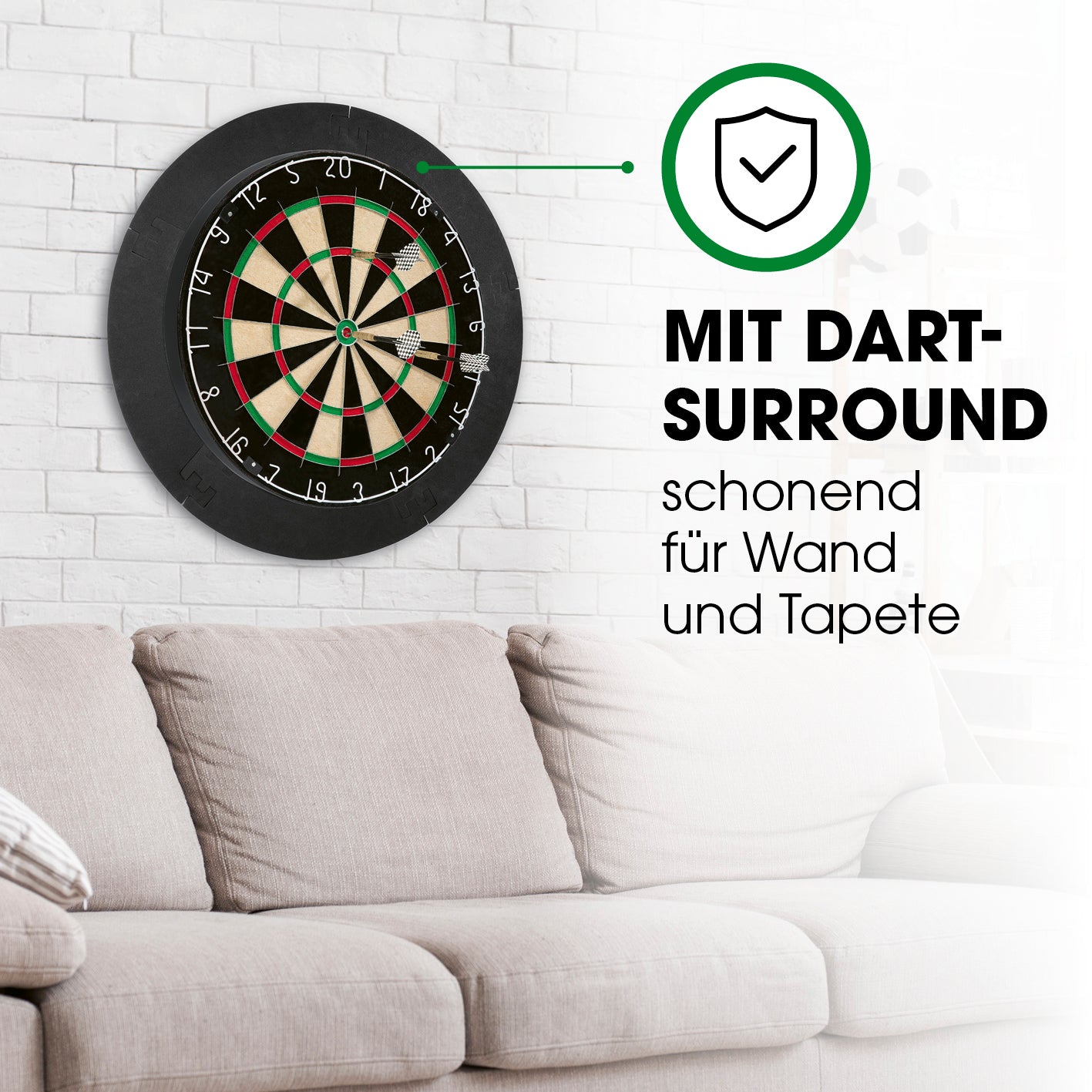 Sisal-Dartscheibe mit schützendem Dart-Surround zur Wandmontage, ideal für spielerischen Schutz von Wand und Tapete.