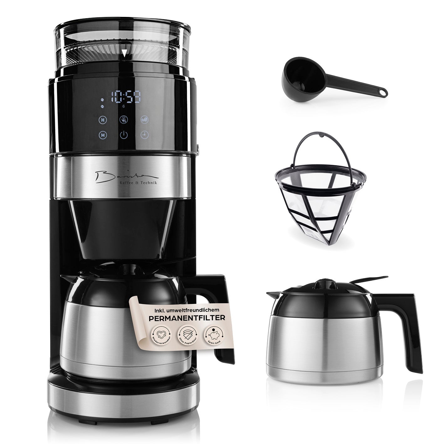 Filterkaffeemaschine Touch Iso mit Mahlwerk - Schwarz mit LED-Touchdisplay, Timer, Mahlwerk und doppelwandiger Edelstahl-Isolierkanne.