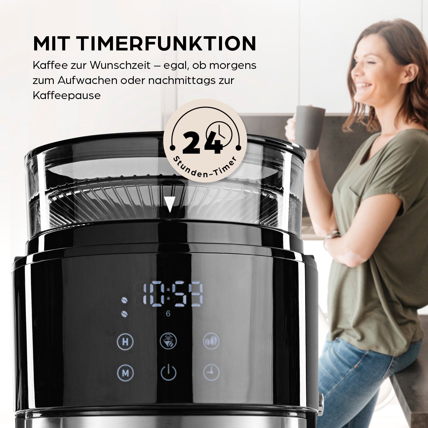 Filterkaffeemaschine Touch Iso mit Mahlwerk - Schwarz mit Timerfunktion und LED-Touchdisplay für frischen Kaffee nach Wunschzeit.