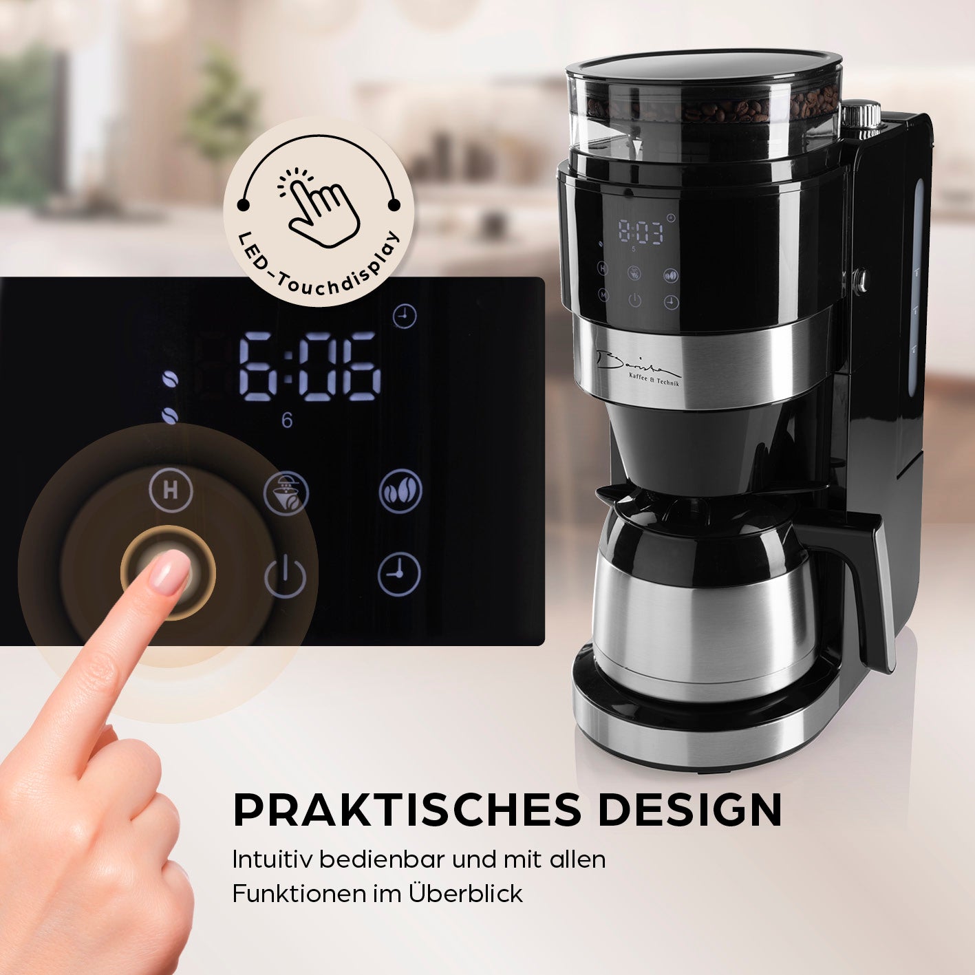 Filterkaffeemaschine Touch Iso mit Mahlwerk - Schwarz mit integriertem Mahlwerk und intuitivem LED-Touchdisplay für frischen Kaffee.