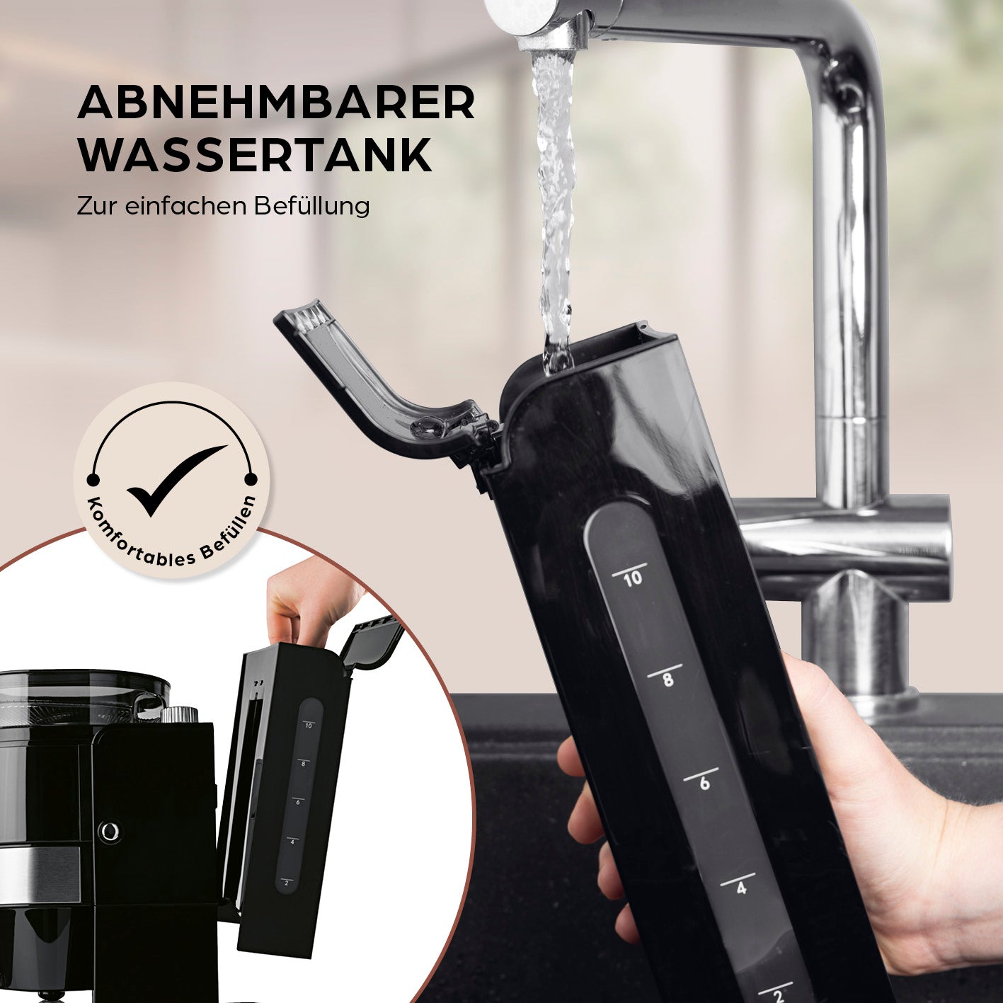 Filterkaffeemaschine Touch Iso mit Mahlwerk - Schwarz mit abnehmbarem Wassertank für einfache Befüllung und komfortablen Kaffeegenuss.