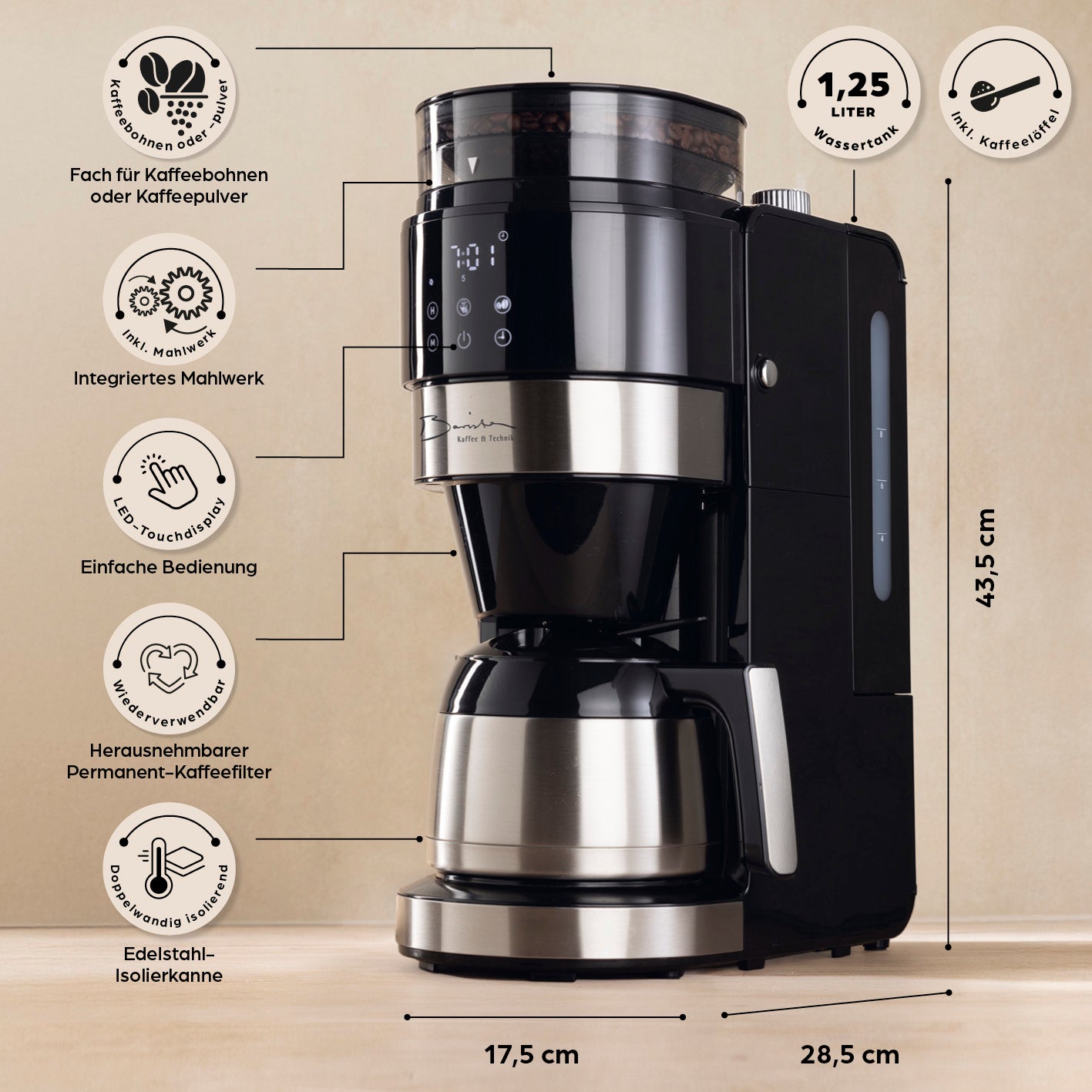 Filterkaffeemaschine Touch Iso mit Mahlwerk - Schwarz mit integriertem Mahlwerk, LED-Touchdisplay, Timer und Edelstahl-Isolierkanne.