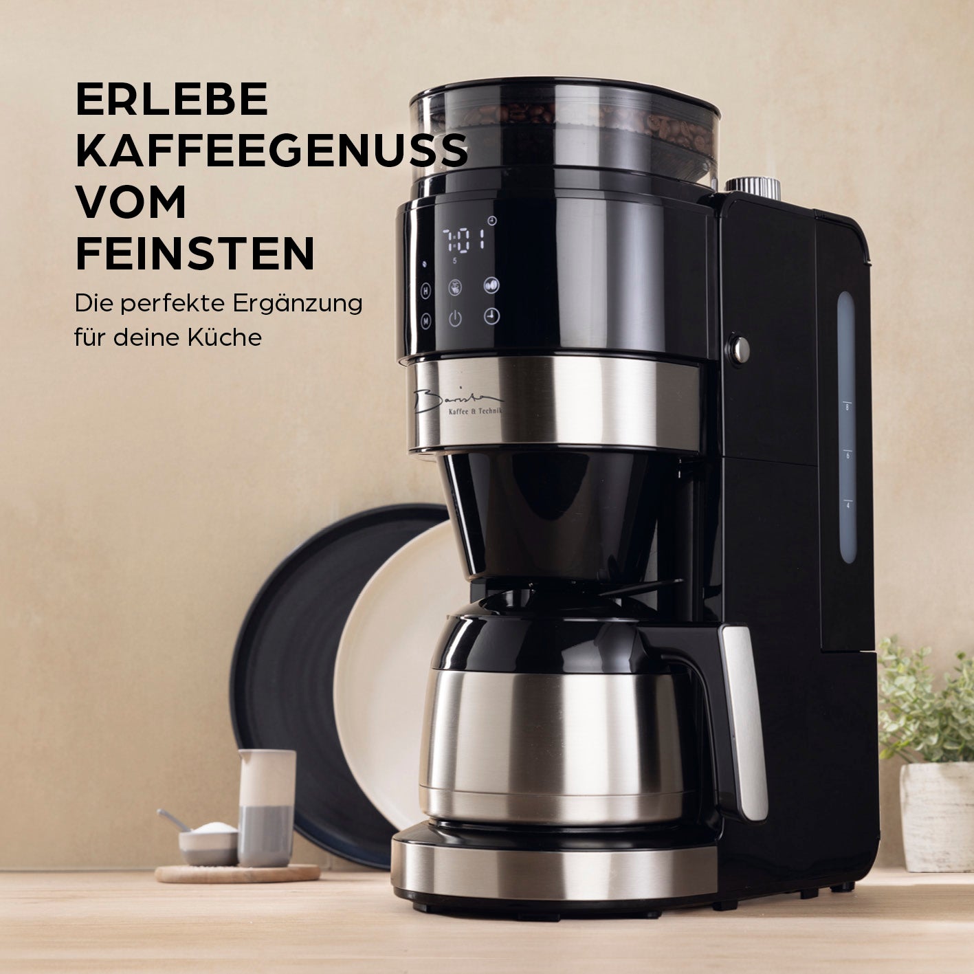 Filterkaffeemaschine Touch Iso mit Mahlwerk - Schwarz mit integriertem Mahlwerk, LED-Touchdisplay und doppelwandiger Edelstahlkanne.