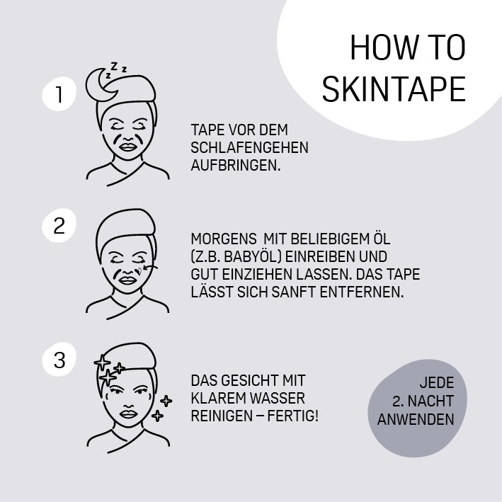 Hyaluron-Skintape "Glow Package" Anleitung zum Aufbringen der Tapes vor dem Schlafengehen für strahlende, faltenfreie Haut am Morgen.