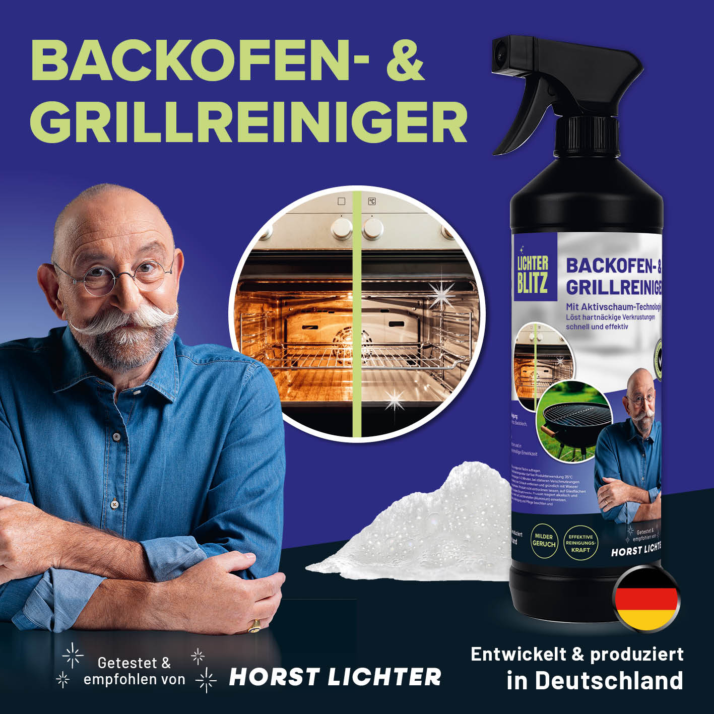 Backofen & Grillreiniger - 750 ml Sprayflasche neben aufgeschäumtem Reiniger und Vorher-Nachher Backofensicht, quadratisch, Galerie 2