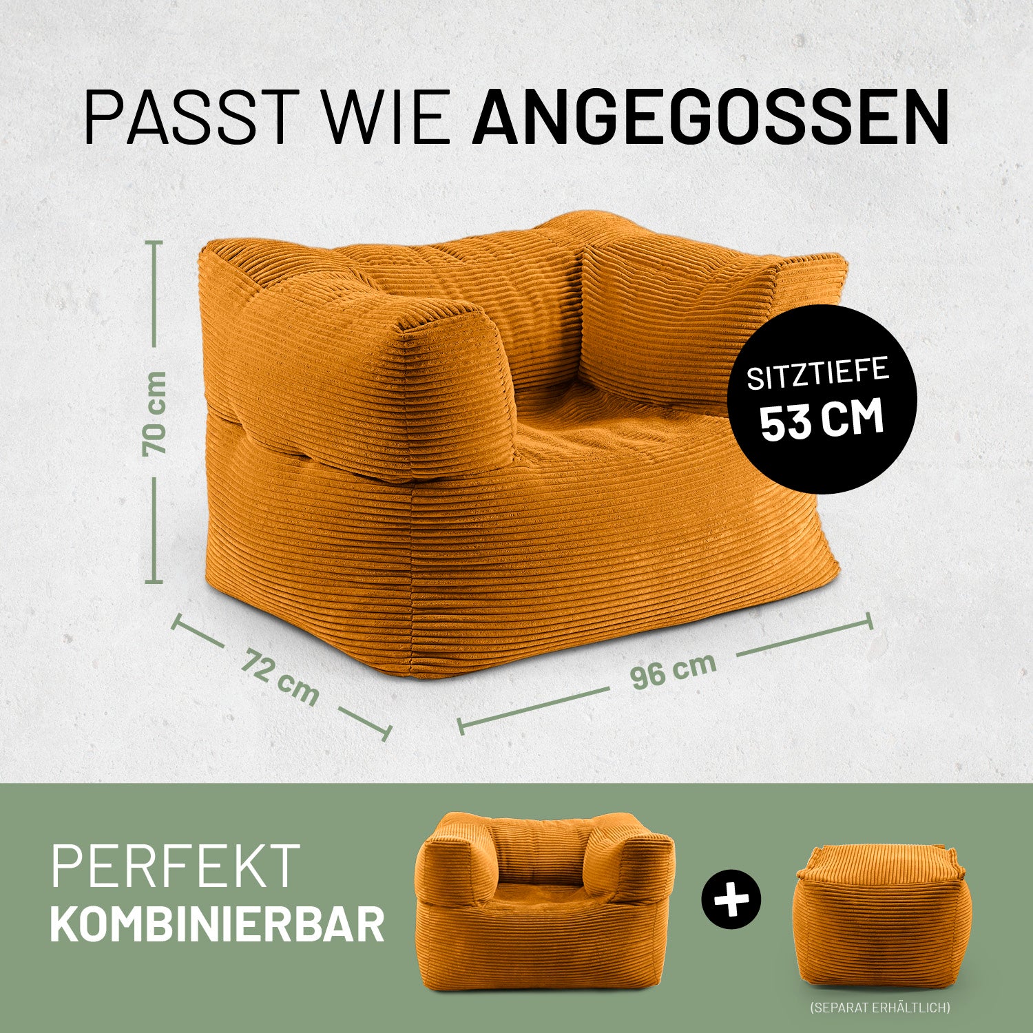 Modularer Sessel aus der LUMALAND Cord-Reihe - 400 L - 96 x 72 x 70 cm - Senfgelb mit Sitzhöhe 53 cm und kombinierbarem Hocker