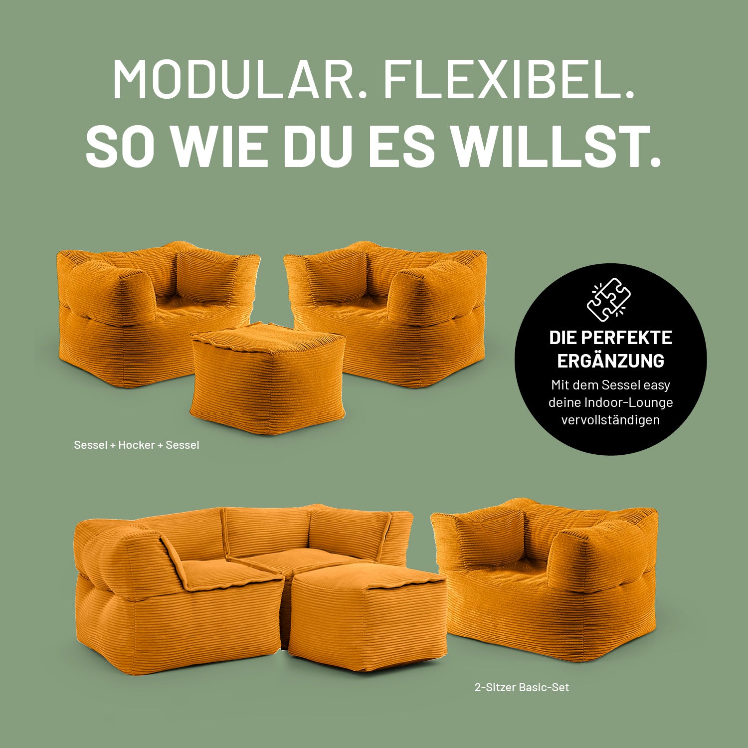 Modularer Sessel aus der LUMALAND Cord-Reihe - 400 L - 96 x 72 x 70 cm - Senfgelb als Einzel- und Loungekombination gezeigt
