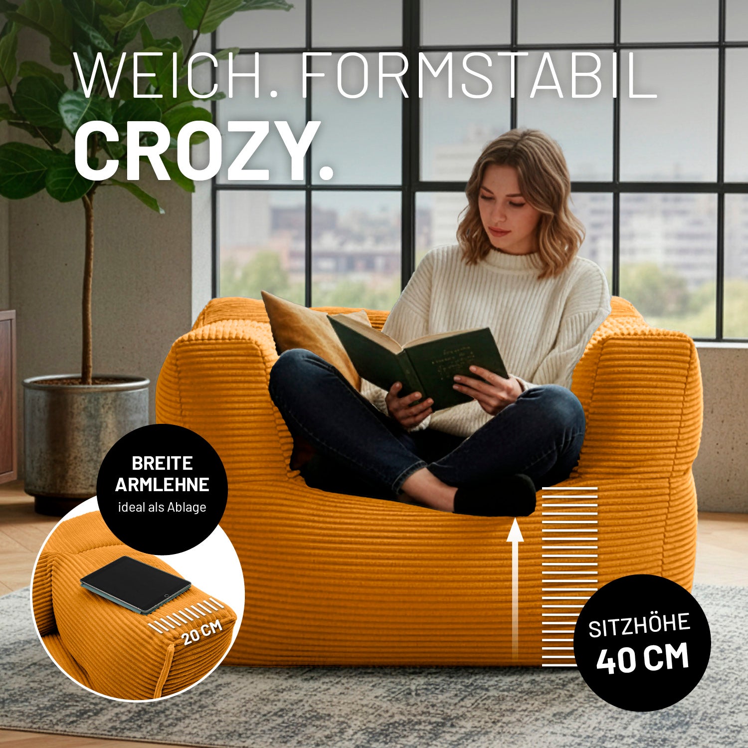 Modularer Sessel aus der LUMALAND Cord-Reihe - 400 L - 96 x 72 x 70 cm - Senfgelb mit breiter Armlehne und 40 cm Sitzhöhe