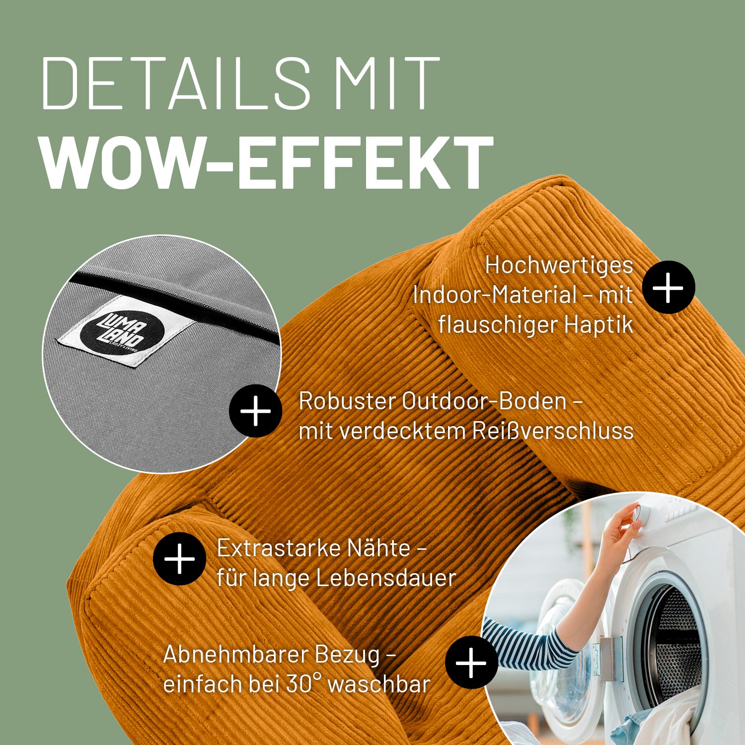 Modularer Sessel aus der LUMALAND Cord-Reihe - 400 L - 96 x 72 x 70 cm - Senfgelb mit flauschigem Cord und abnehmbarem Bezug