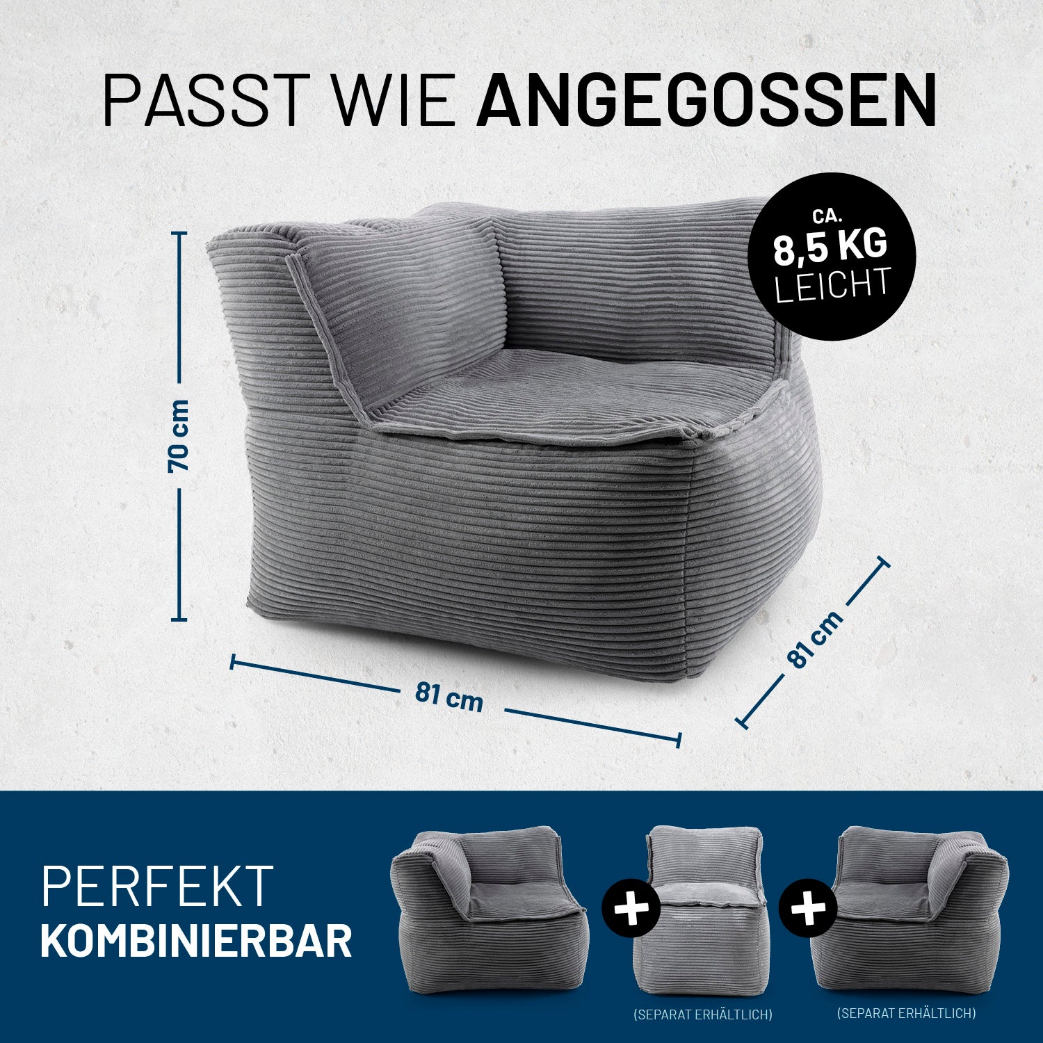 Modulares Eckteil links aus der LUMALAND Cord-Reihe - 340 L - 81 x 81 x 70 cm - Grau, leichter bequemer Cord-Sitzsack