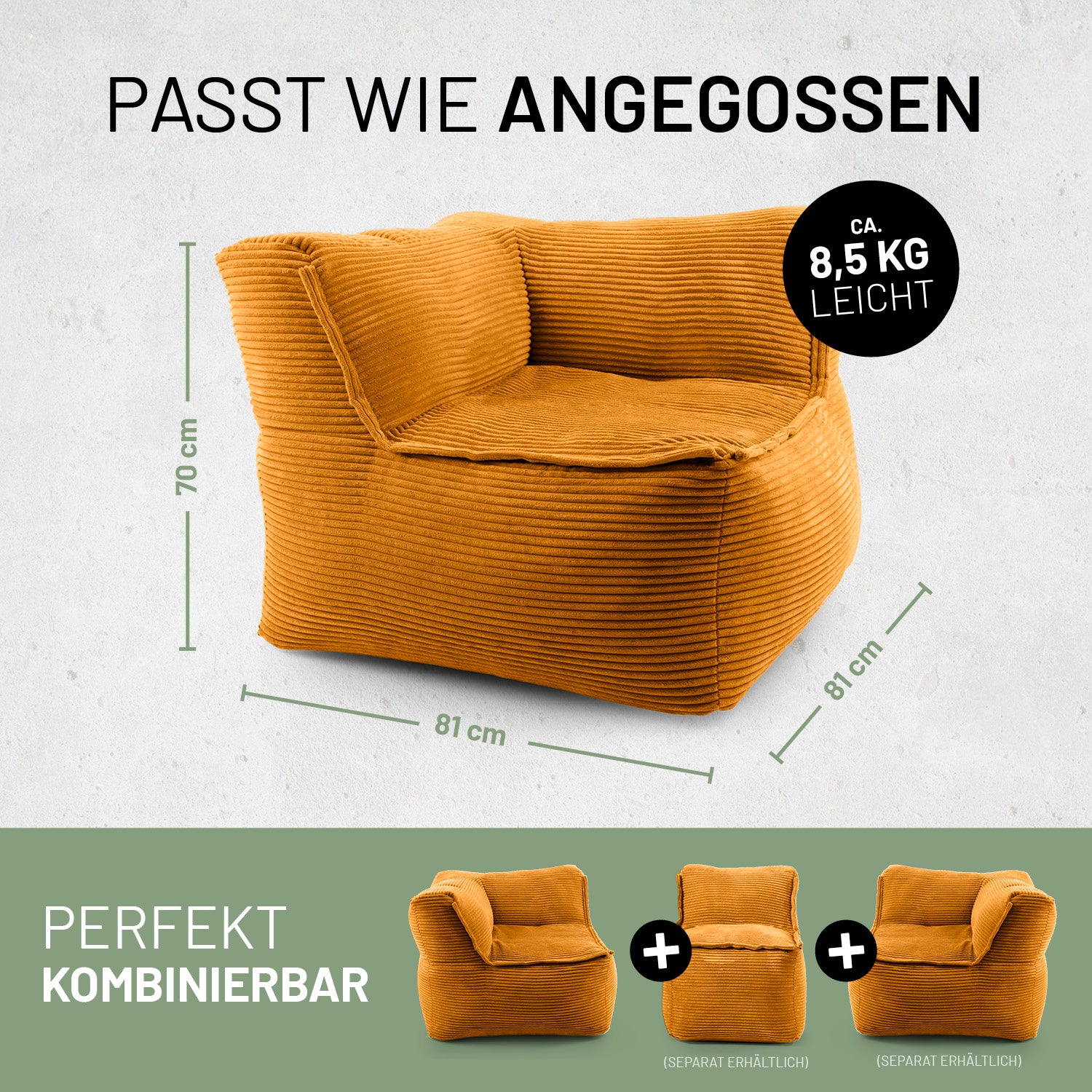 Modulares Eckteil links aus der LUMALAND Cord-Reihe - 340 L - 81 x 81 x 70 cm - Senfgelb mit Maßen und Kombinationsmöglichkeiten.